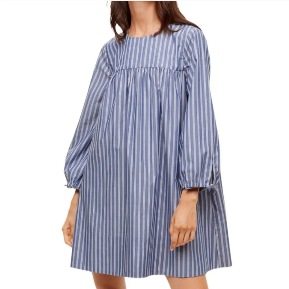 Aritzia Wilfred Le Fou Lessines Poplin Smock Dress Blue Stripe Size XS Oversized - Picture 3 of 14